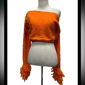 Musera Orange Off the shoulder Cropped Fringe Sleeve Sweater XL